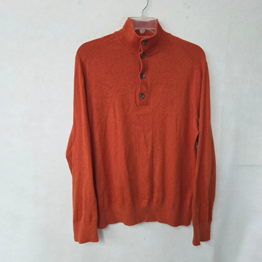 Banana Republic Men's Orange Cotton Cashmere Mock‎ Neck Button Sweater Large